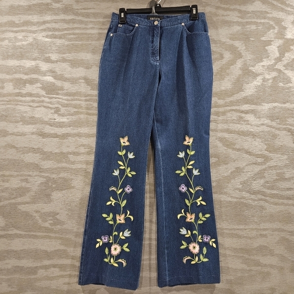 Escada Vintage EU 38 Hippie Boho Floral Dopamine Straight Leg  Blue Jeans - Picture 1 of 13
